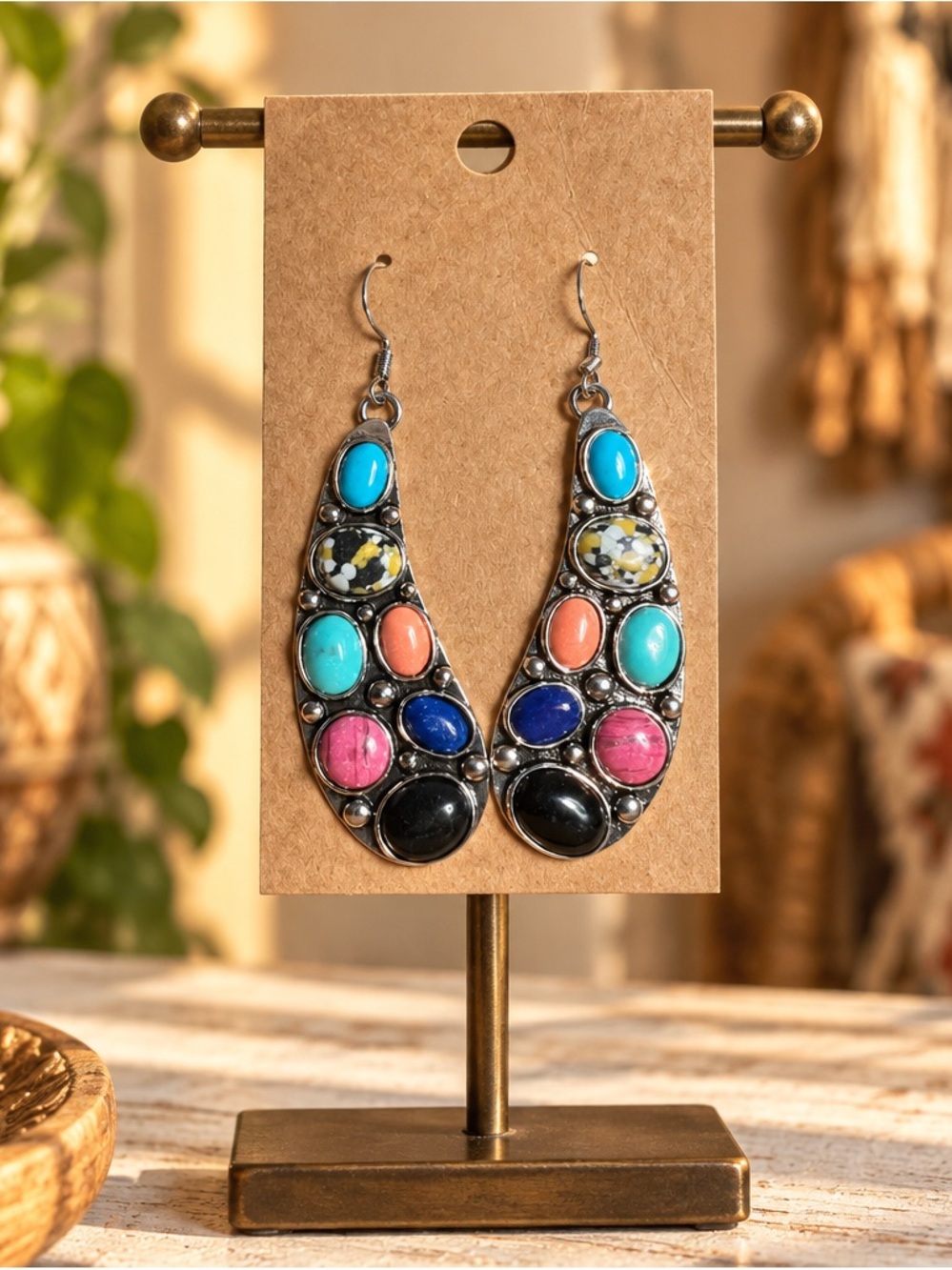 Multicolor Boho Stone Teardrop Earrings - Statement Women’s Jewelry